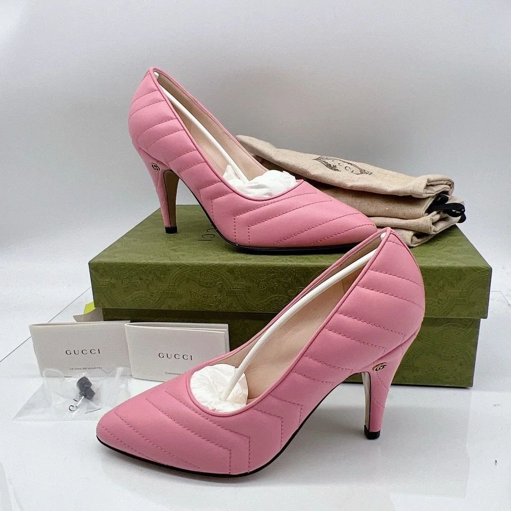 Gucci Chevron Matelasse mini Double G Logo Heel Pumps Pink Leather EU 37.5 - NEW - Picture 2 of 15